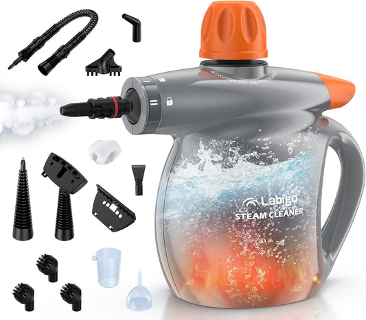 LABIGO Steam Cleaner, Pressurized Handheld 13pcs Multi-Purpose Natural Deep Cleaning Steamer, Portable Steamer for Cleaning Home, Grout, Kitchen, Car, Window, Upholstery, Bathroom and Clothes, Gray