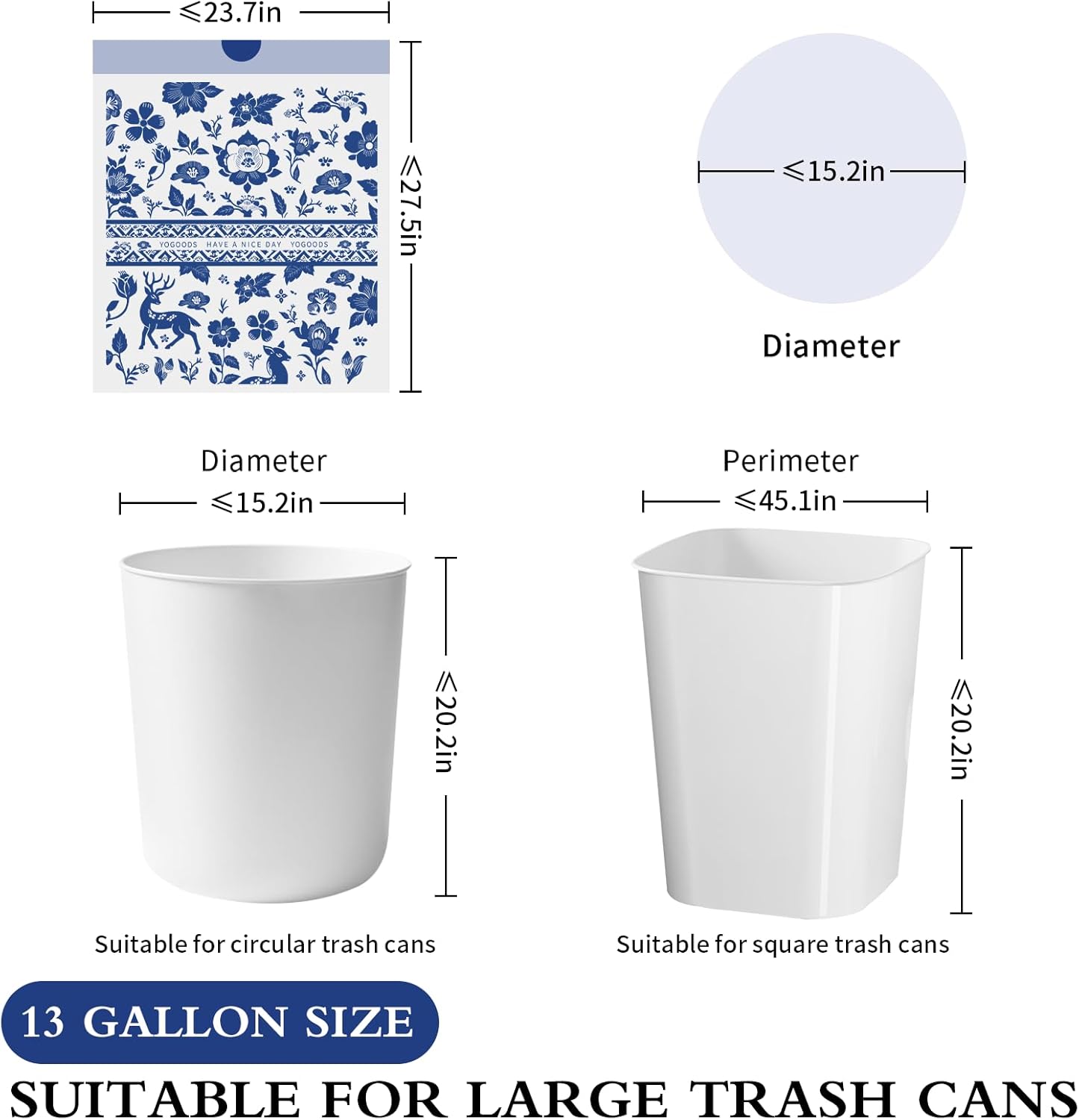 VOK Trash Bags 13 Gallon with Drawstring, Leakproof Printed Garbage Bags 13 Gallon Tall Kitchen, Tear-Resistant & Odor Control Kitchen Trash Bags for Home, Colored Portable Garbage Bags, 80 Counts