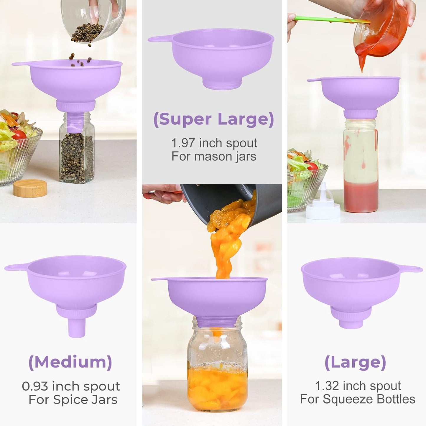 Wide Mouth Kitchen Funnel, Food Grade Plastic Cooking Canning Funnel with 4 Sizes Spouts for Filling Wide and Regular Mason Jars, Spray Dropper Oil Bottle Jug Spices Shampoo Sauce
