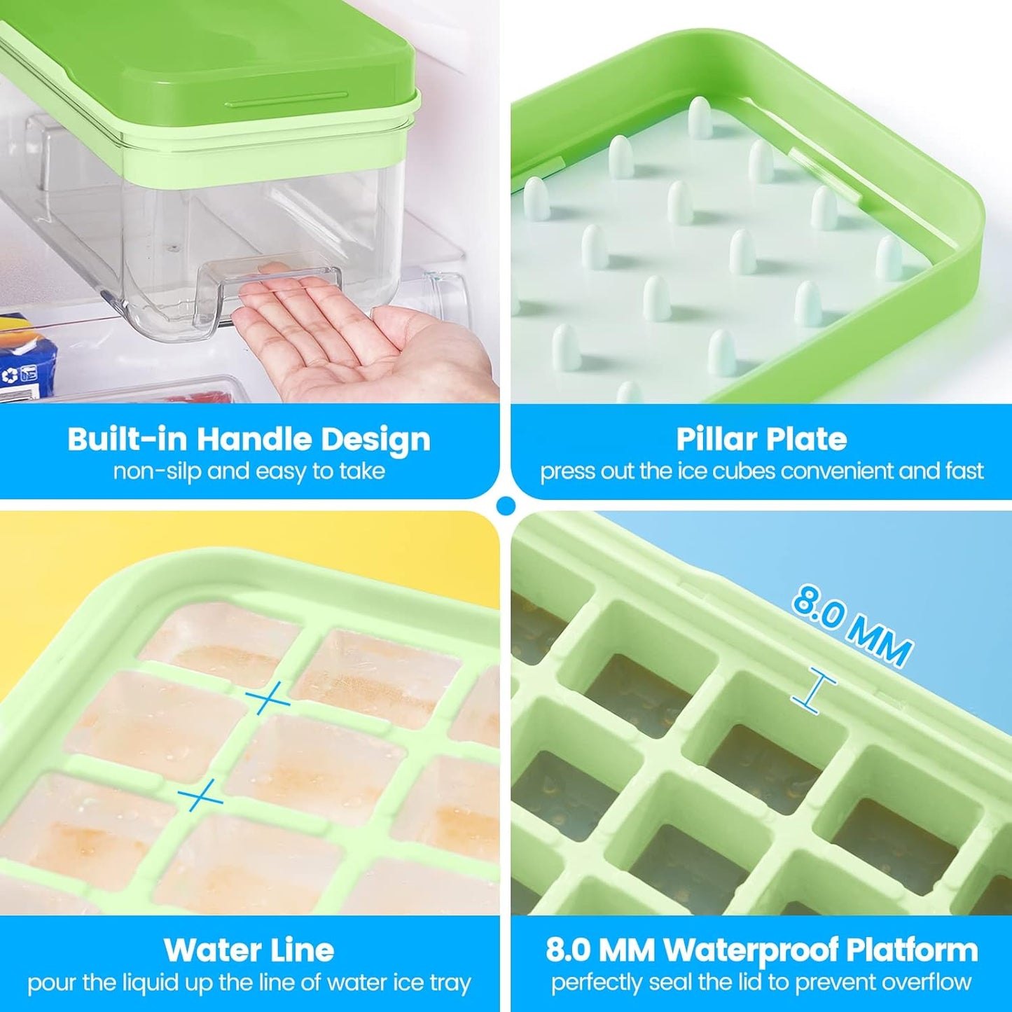 PHINOX Ice Cube Tray with Lid and Bin, 3 Pack Plastic Ice Cube Tray Molds, 96(4 * 8 * 3) pcs Ice Trays for freezer, Chilling Drinks, Whiskey & Cocktails, with Ice Container and Ice Scoop, BPA-Free