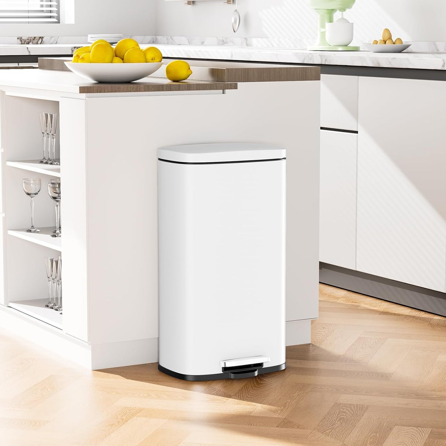 Arlopu 8 Gallon Step Trash Can, Stainless Steel Garbage Bin, Soft-Close Rubbish Bin with Removable Plastic Inner Bucket, Fingerprint-Proof, Lid Dustbin, Suit for Kitchen Home (White, 30L)