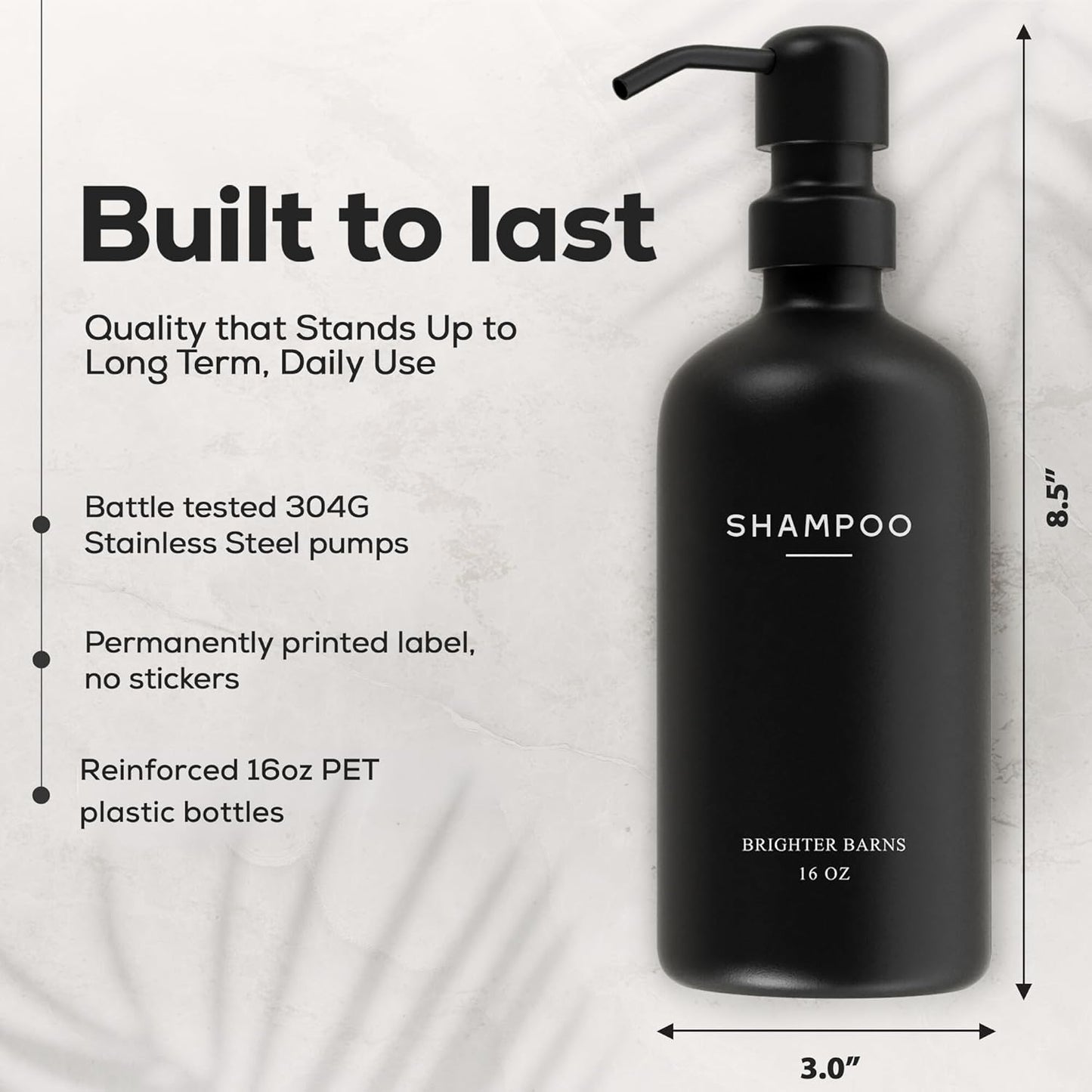 Black Shampoo and Conditioner Dispenser Set by Brighter Barns - Refillable Plastic Shower Soap Dispensers for Bathroom - Body Wash & Shampoo Bottles - Modern Bathroom Decor for Hotel, Airbnb (Black)