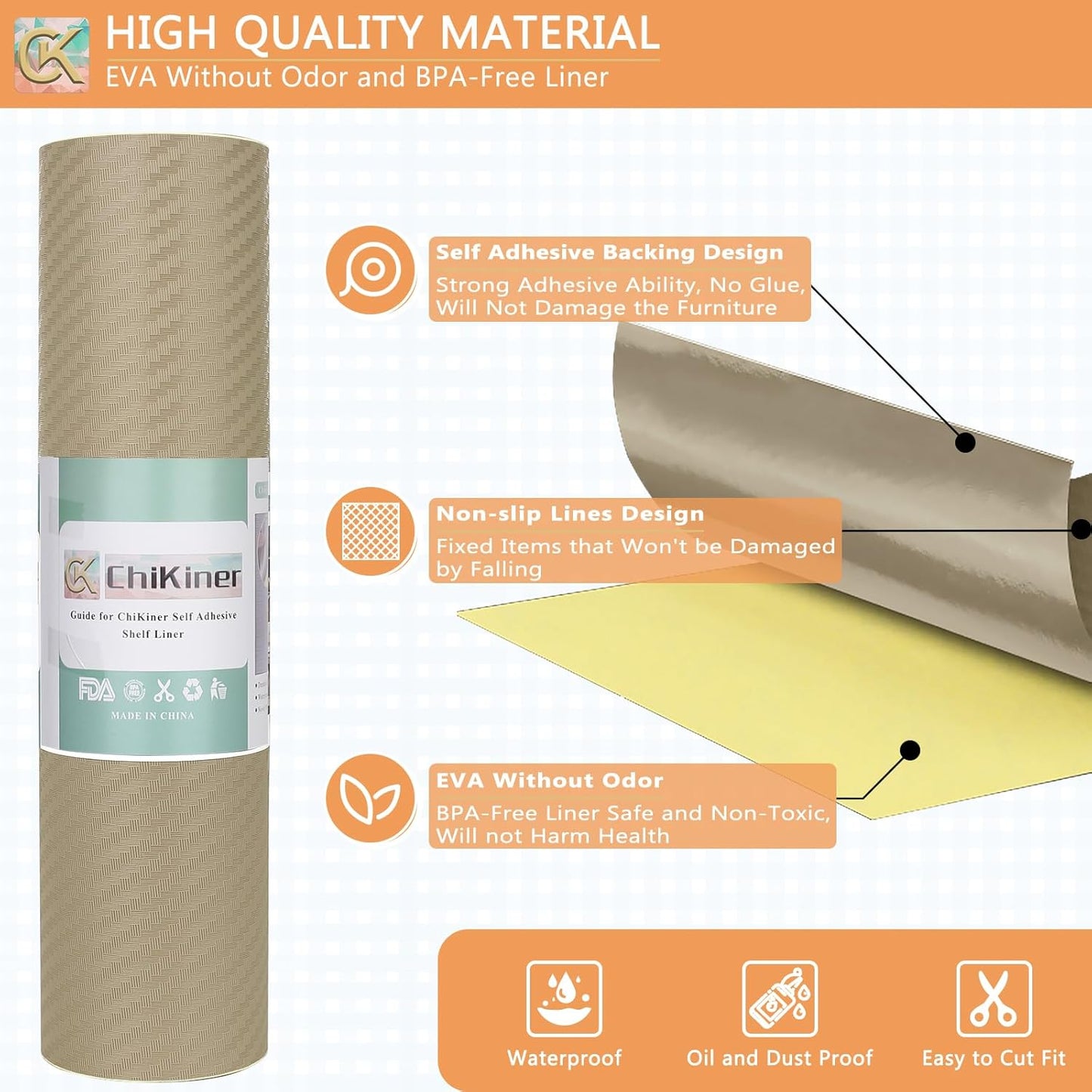 Self-Adhesive Shelf Liner Kitchen Liner, Waterproof Backed Paper Easy Peel and Stick Contact Liner Without Residue for Decor Your Desk Surface, Kitchen Countertops (Dark Khaki, 17.5 x 393.7 inches)