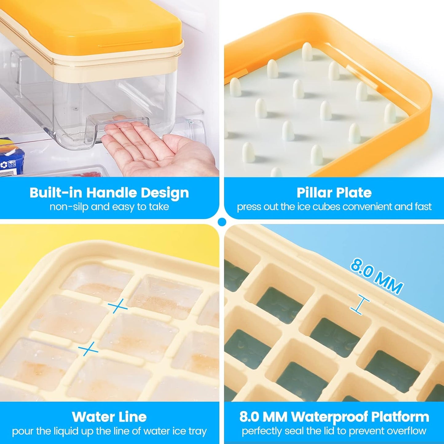 PHINOX Ice Cube Tray with Lid and Bin, Ice Trays for Freezer, Flexible Ice Cube Trays, Making 64 pcs Ice Cubes, Chilling Cocktail, Whiskey, Coffee, with 2 trays, Ice Container, Scoop&Cover, BPA Free