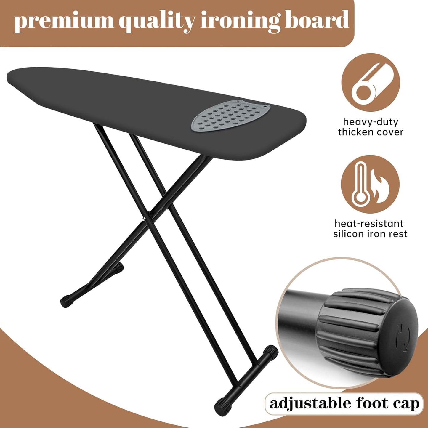 Ironing Board, Compact and Space Saver,Size 13 x 43, Metal Construction Ironing Board with Extra Thick Heavy Duty Padded, Stable Structure,Skid Feet, Heavy Duty Steel Legs,Black