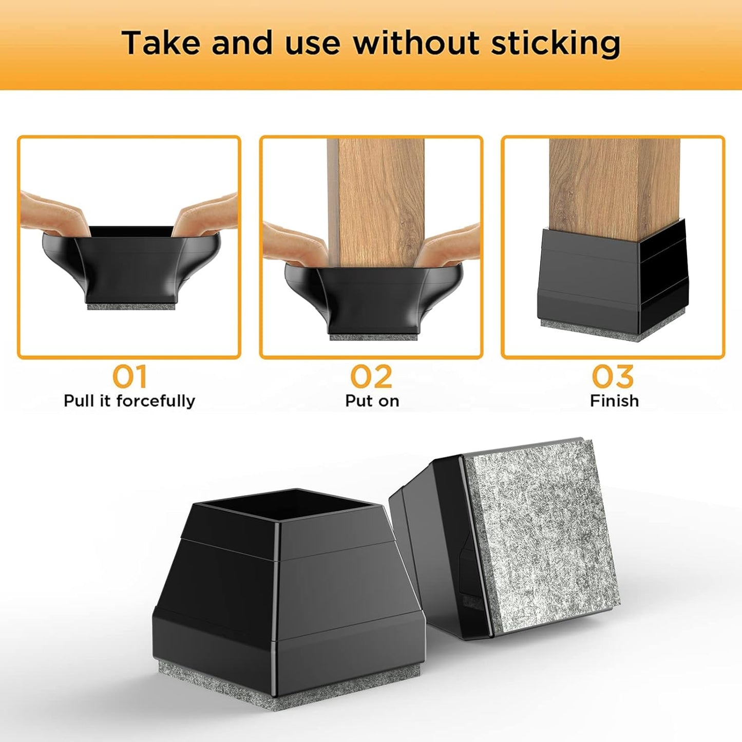 Square Chair Leg Protectors for Hardwood Floors,16 Pcs Silicone Felt Furniture Legs Caps to Prevent Floor from Scratches and Reduce Noise, Easy to Move,（Fit: 2.25" -2.75" Black）.