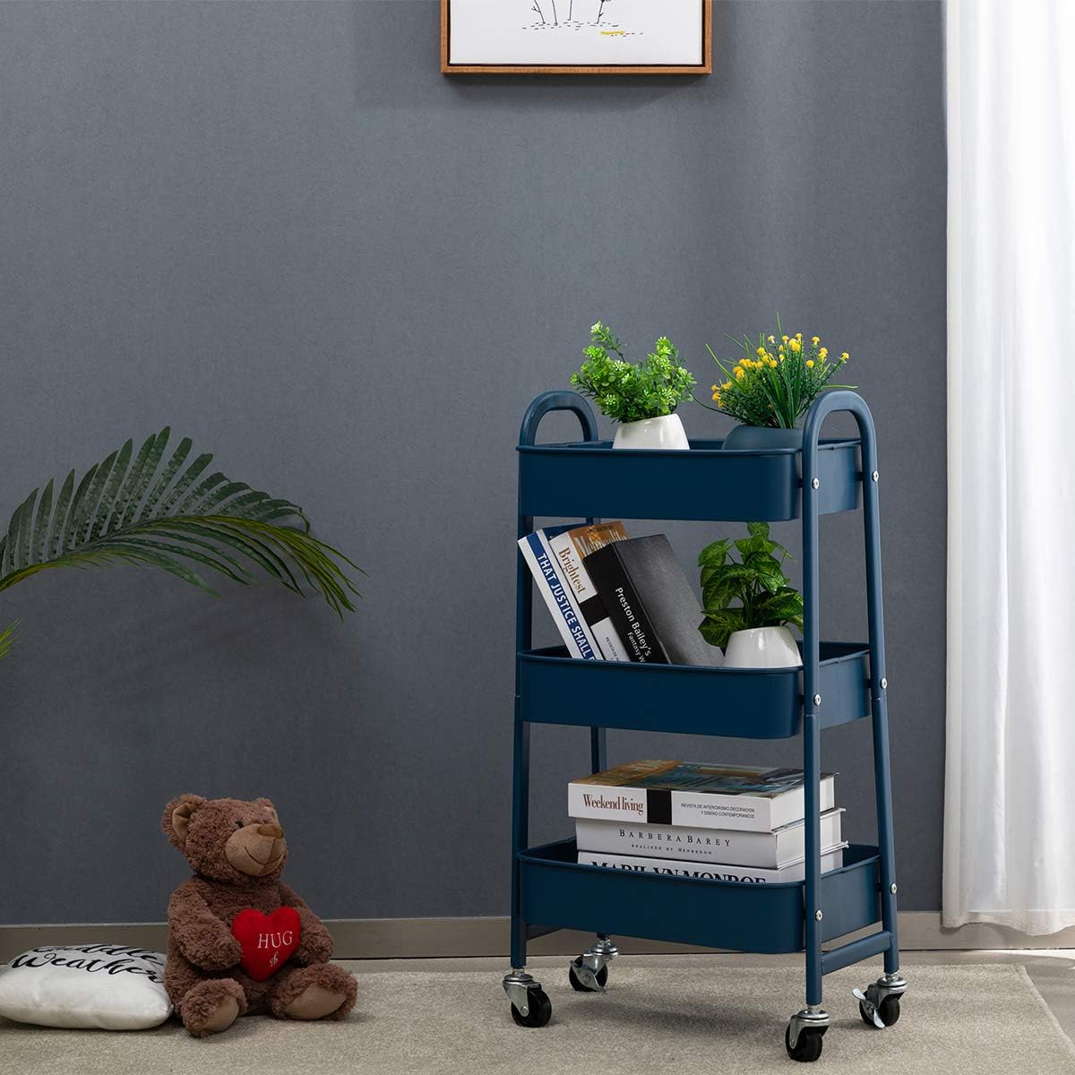 AGTEK Makeup Cart, Movable Rolling Organizer Cart, 3 Tier Metal Utility Cart,Navy Blue