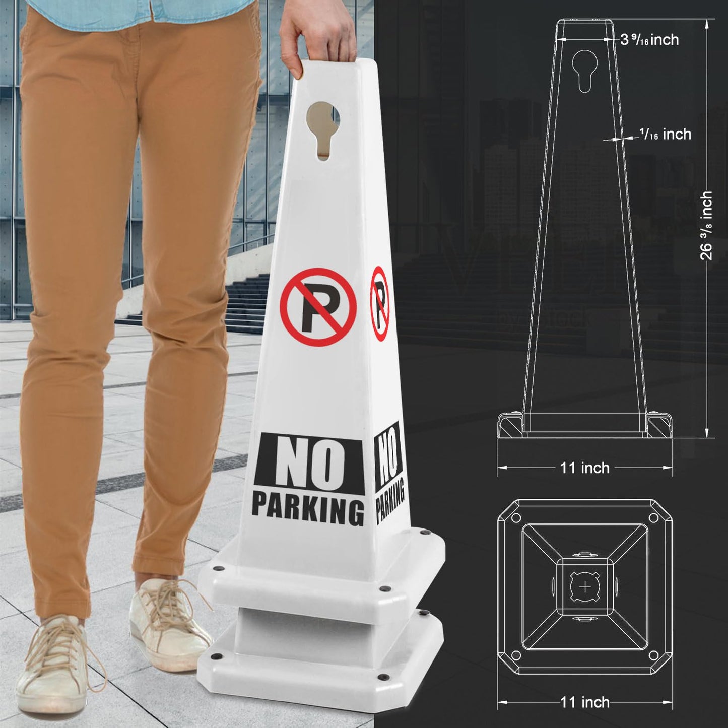 Plastic Traffic Cones, 4-Sided Message Cones, Road Safety Parking Cones, Standing Traffic Warning Signs for Cleaning Area, Garage, No Entry (8, No Parking, Large)