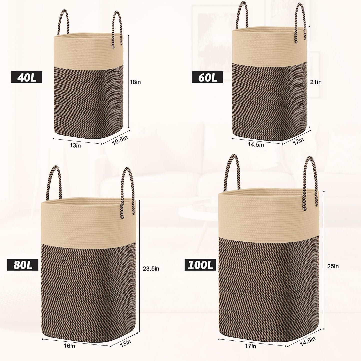 Laundry Basket,Woven Cotton Rope Laundry Hamper,Versatile Storage for Dirty Clothes,Baby Toys,and Blankets in Bathroom, Nursery,and Living Room (Jute, 100L)