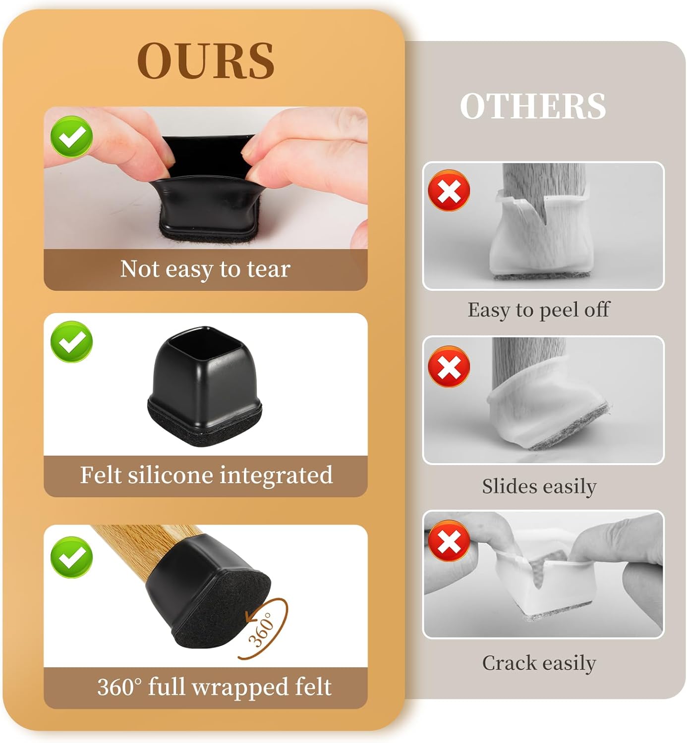 Square Chair Leg Floor Protectors Medium 24Pcs,Silicone Chair Leg Protectors for Hardwood Floors/Tiles,Black 360°Wrapped Felt Bottom to Prevent Scratch and Reduce Noise