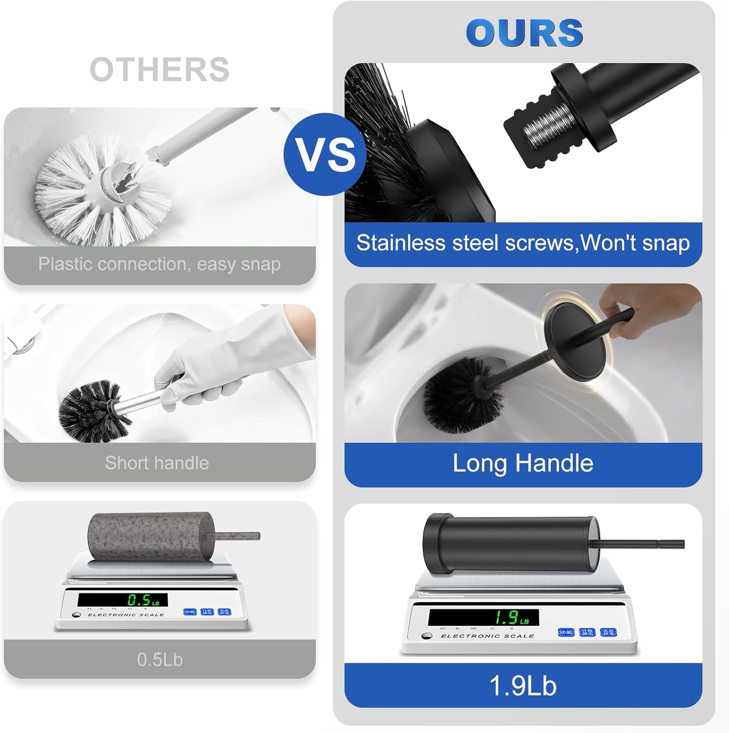 Black Toilet Brush and Holder Set, 304 Stainless Steel Heavy Duty Toilet Bowl Brush and Holder with Long Handle, Removable Inner Bowl and Splash Protection Modern Toilet Cleaner Brush for Bathroom