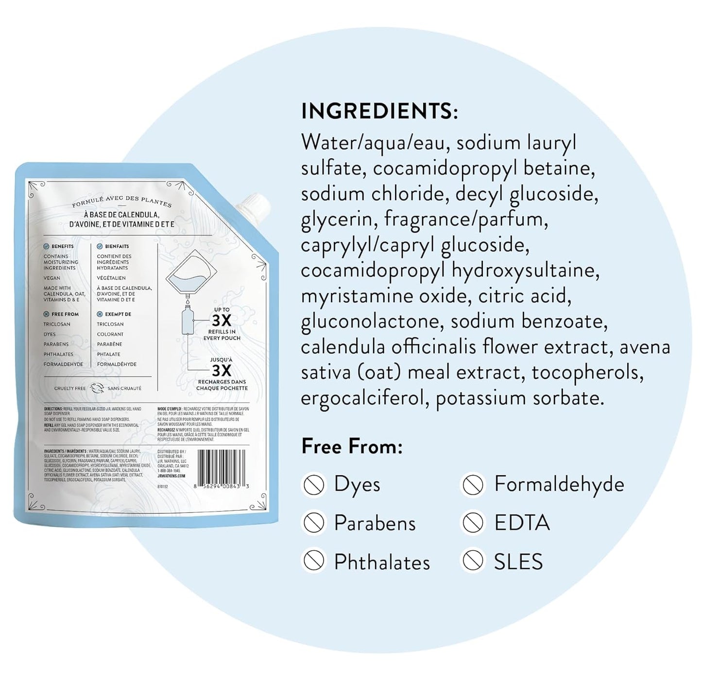 J.R. Watkins Gel Hand Soap Refill Pouch, Scented Liquid Hand Wash for Bathroom or Kitchen, USA Made and Cruelty Free, 34 fl oz, Ocean Breeze, 6 Pack