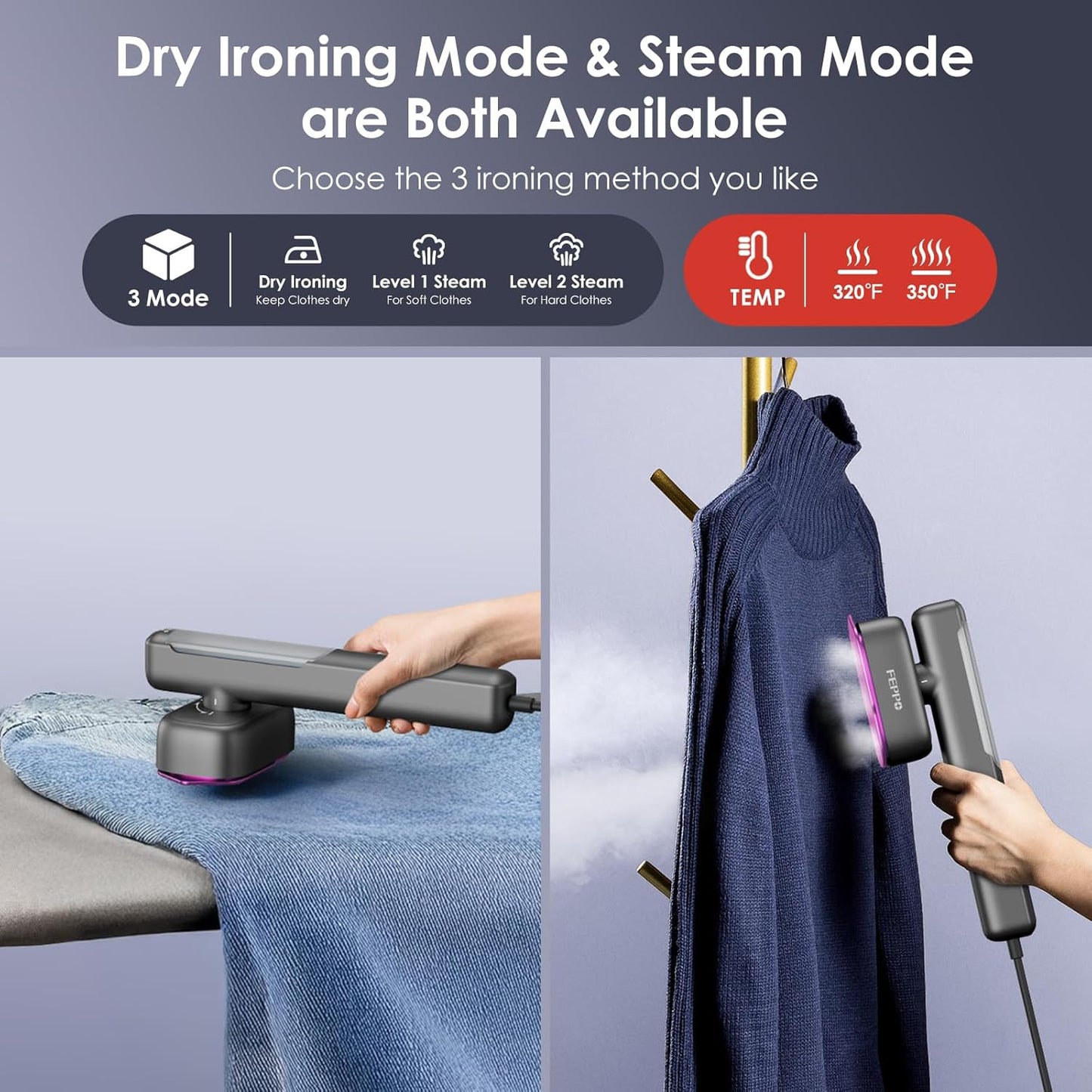 FEPPO Travel Steamer for Clothes, 110-240V Dual Voltage Portable Steamer & Iron 2 in 1, Fast Heat Up, 1100W Powerful Garment Steamer, Large Ceramic Heat Panel for Home & Global & Europe Traveling