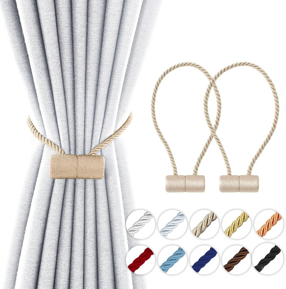 18 Inch Strong Magnetic Curtain Tiebacks, Curtain Holdbacks Modern Upgrade Strong 2021 New Twisted Style Decorative Drapery Rope Tie Backs(2 Pack Beige)