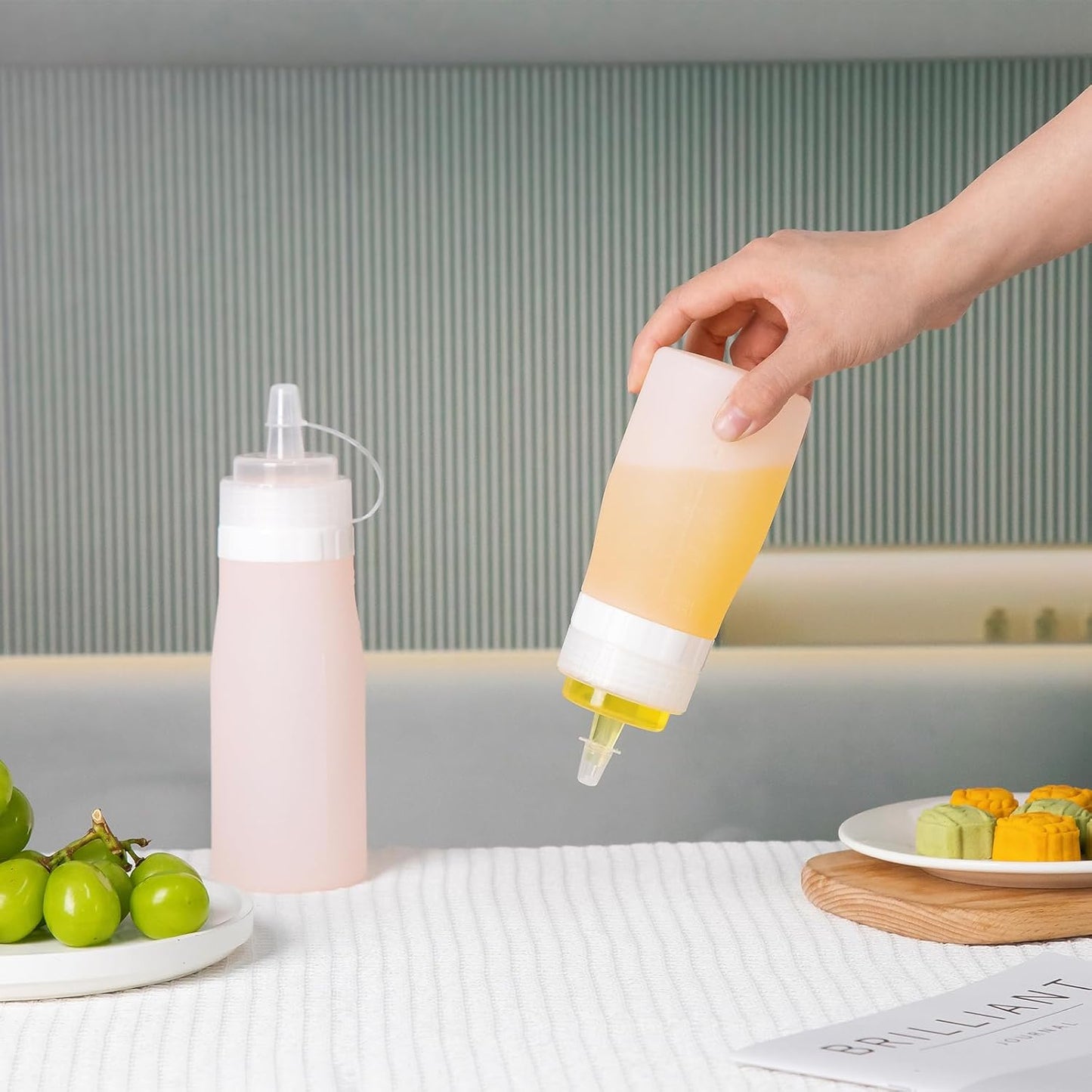 Condiment Squeeze Bottles, 12 oz Silicone Squeeze Bottles For Sauces, Leak Proof Condiment Containers with Extra Interchangeable lid, Easy Squeeze for Oil, Honey & Dressings, BPA FREE (4 Pack)