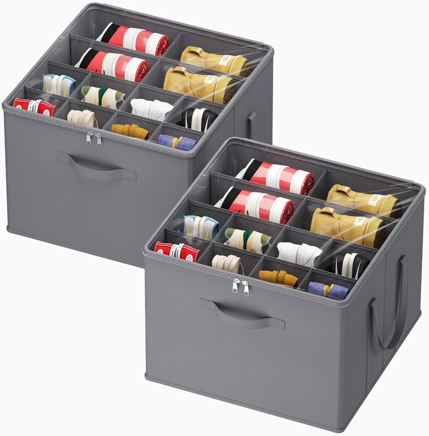 Lifewit Shoe Storage Organizer for Closet Fits 12-16 Pairs, Fabric Large Shoe Box Storage Containers with Clear Cover, Foldable Bins Fit for Boots Heels Sneakers 17"(L) x 17"(W) x 12.5"(H) 2 Pack Gray