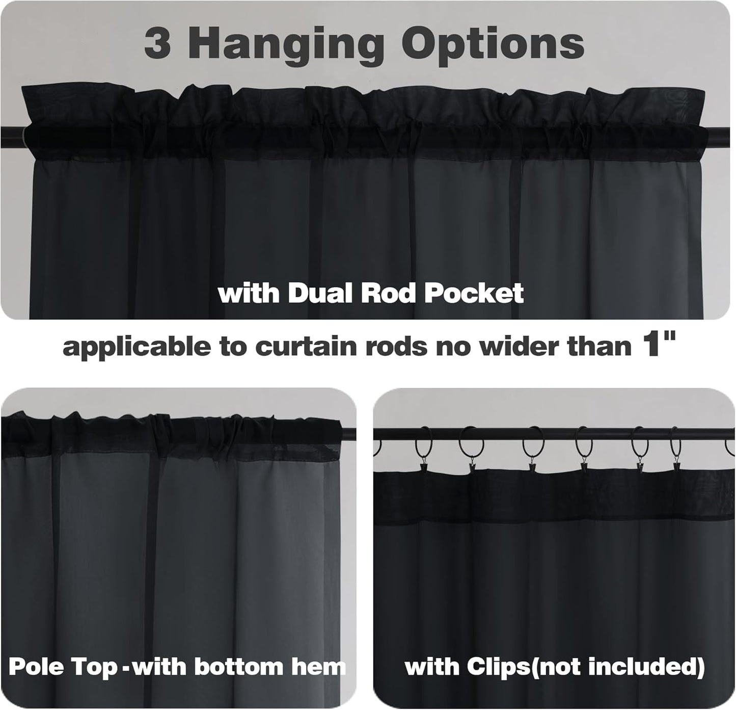 Chyhomenyc Black Sheer Curtains 84 Inch Length 2 Panels Set, Light Filtering Solid Elegant Rod Pocket Voile Window Drapes for Bedroom Living Room, Each 42Wx84L Inch, 2PCS, 7 Feet Long