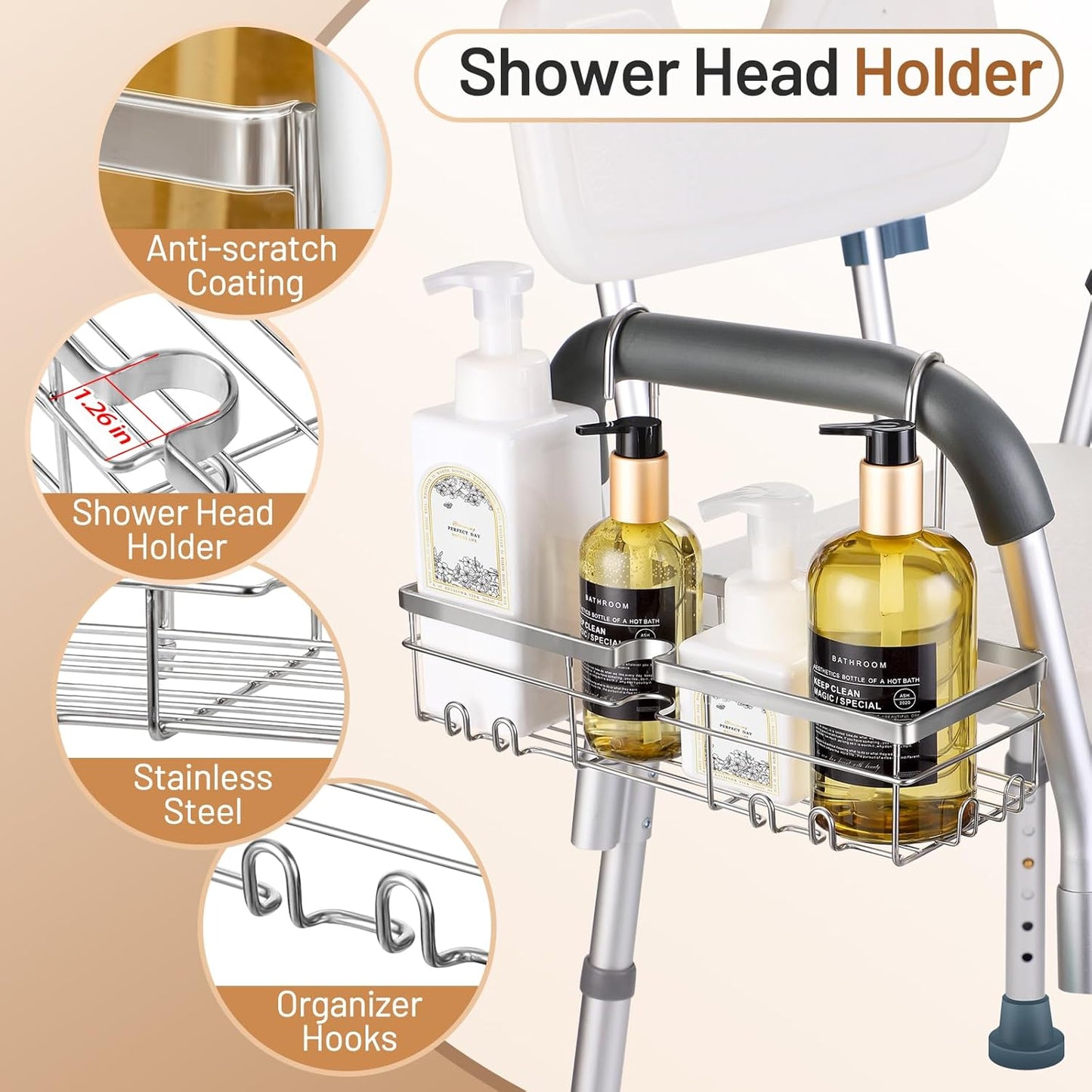 DELLAN Hanging Shower Caddy, Shower Rack with Hooks for Shower & Bath Chair, Bathroom Shower Basket for Elderly, Pregnant, Handicap, Patient