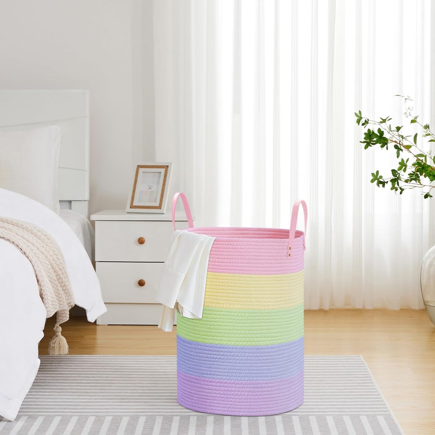 VIPOSCO Tall Laundry Basket, Large Dirty Clothes Hamper with Leather Handle, Woven Rope Storage Basket for Blanket, Toy In Living Room, Bathroom, Bedroom - 72L Rainbow