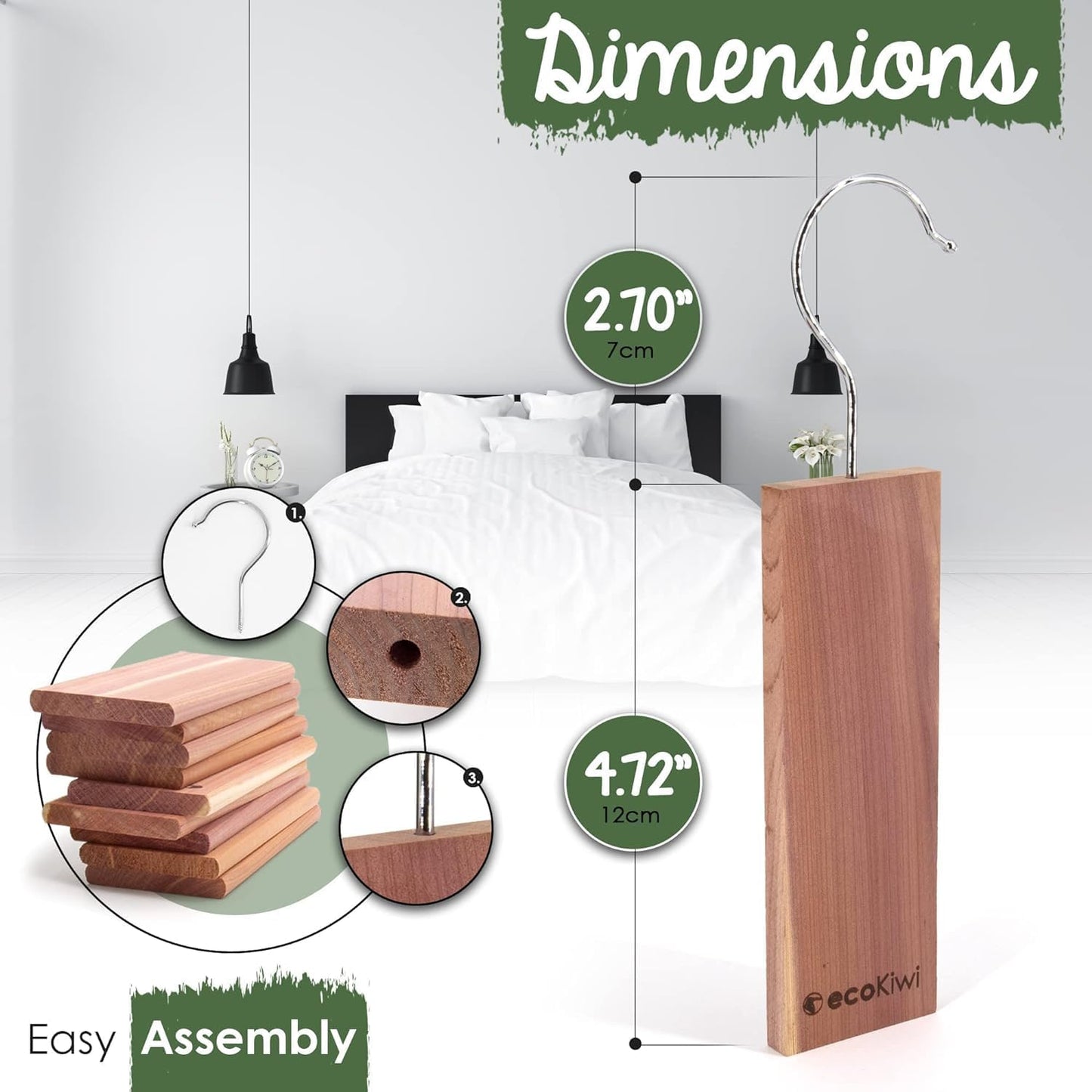 ecoKiwi Cedar Blocks for Clothes Storage - 10 Pack Hang Ups - 100% Natural Aromatic Cedar Planks for Closets and Drawers - Cedar Wood Hangers Balls Chips with Sandpaper - Cedarwood Scented Freshener