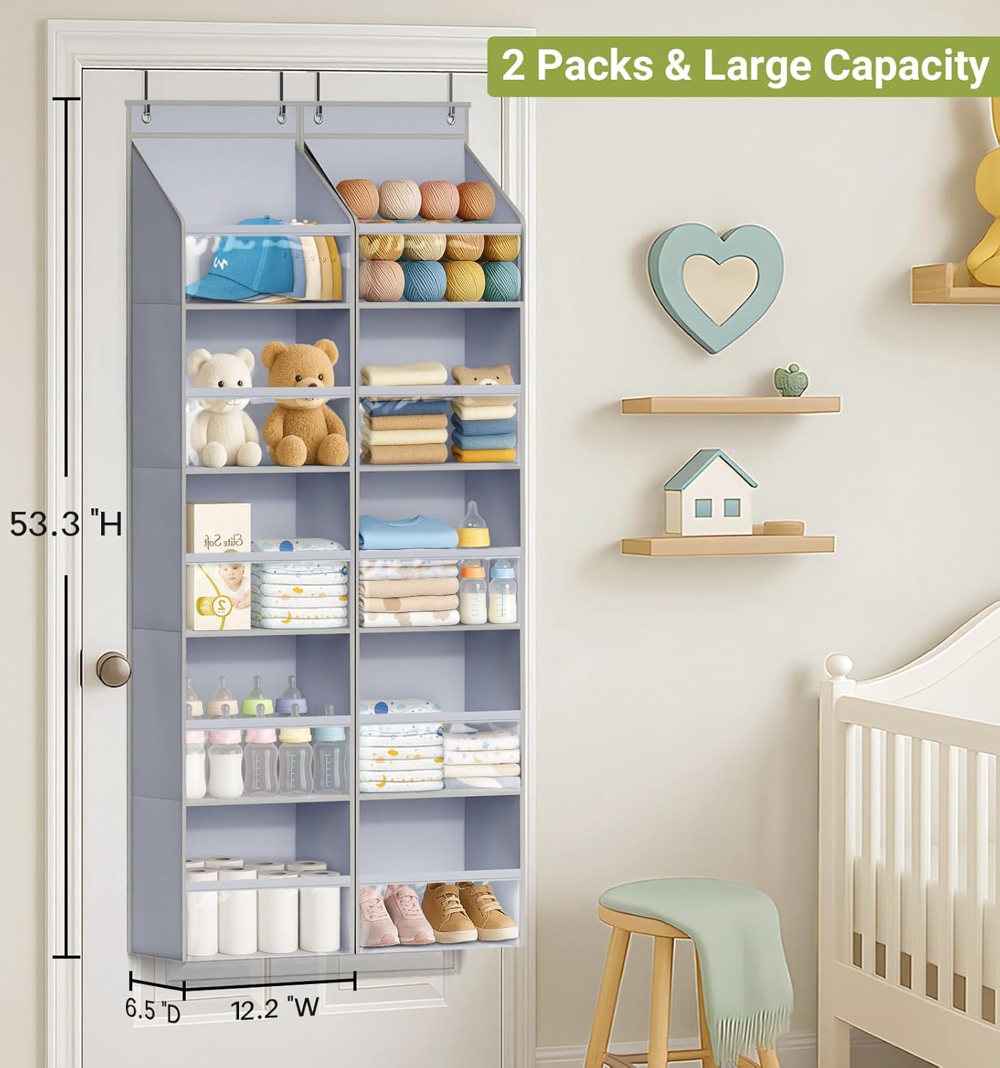 AOODA 2 Pack Over the Door Organizer, Large Capacity Closet Door Hanging Organizer, Clear Deep Pockets Baby Organizer Storage for Nursery, Bathroom, Bedroom, Pantry, Diapers (Grey)