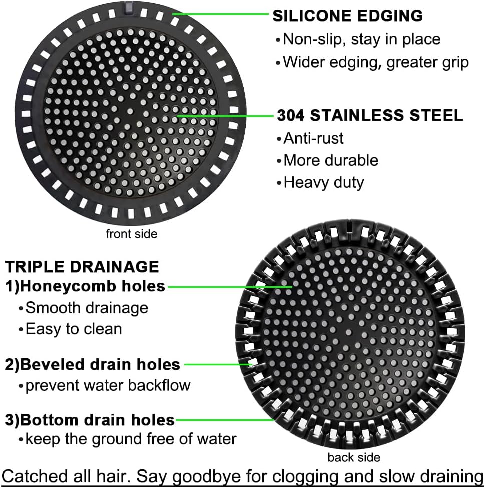 2PCS Shower Hair Drain Catcher/Strainer/Cover/Filter/Trap, Hair Stopper Floor Drain, Stainless Steel with Silicone Edge Drain Protector, Black, 4.75 Inch Diameter