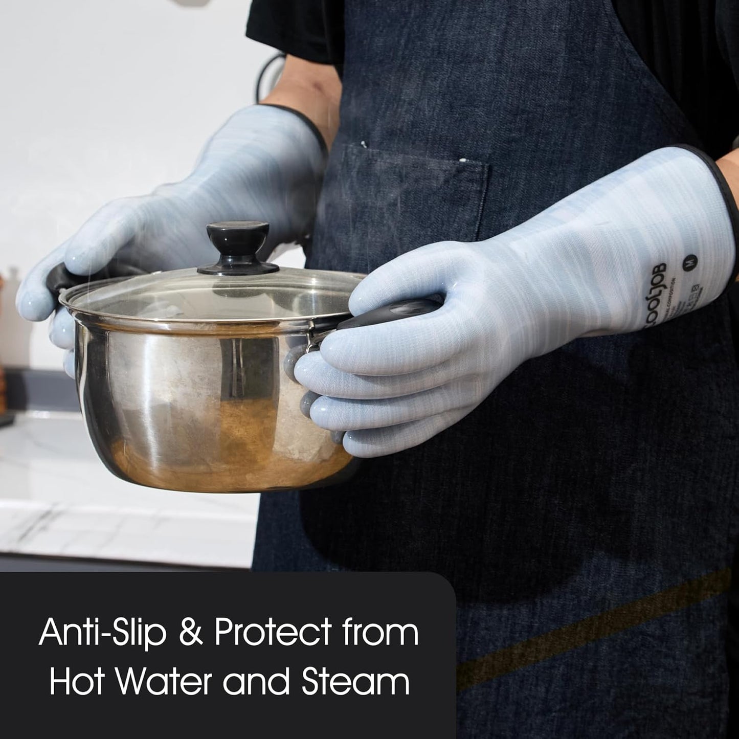 COOLJOB Heat Resistant Oven Gloves, Waterproof Liquid Silicone BBQ Grilling Gloves for Barbecue, Kitchen Cleaning, Baking, Blue, Medium