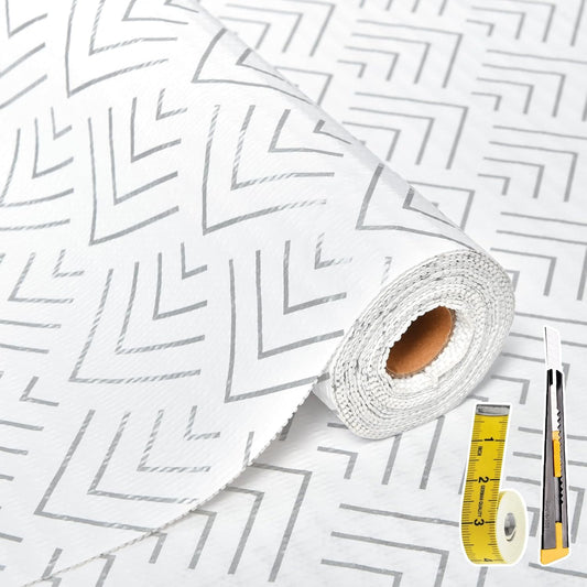 Shelf Liner for Kitchen Cabinets Non Adhesive Drawer Liner Non-Slip Thickened Shelf Liner Paper Strong Easy to Clean for Tool Box Refrigerator with Knife and Tape Measure,Silver Arrow,11.8 x 354.3 in