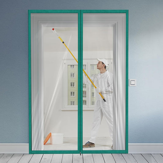 Amylove Zipper 48 x 87 Inch Dust Barrier Kit Green Edged Temporary Construction Door Barrier 4 x 7.25 ft Reusable Plastic Curtain Cover Containment Doorway Wall Screen Sheeting for Bathroom Hallway