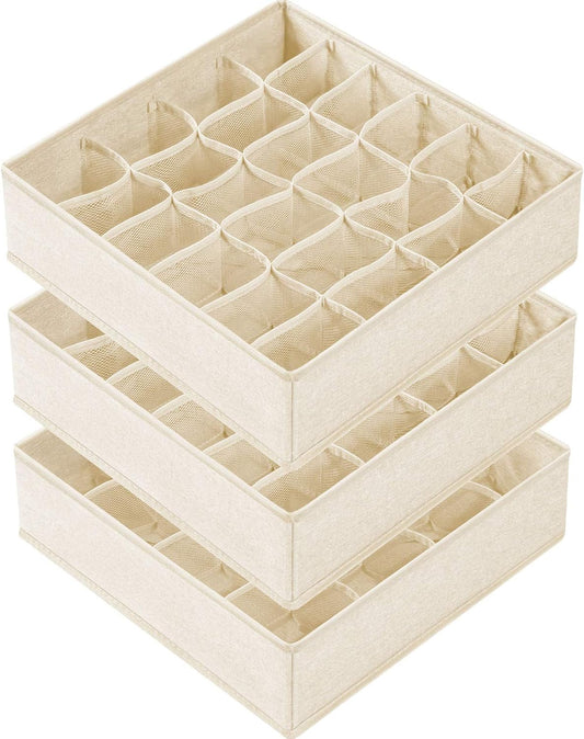 Criusia 3 Pack Sock Underwear Drawer Organizer Dividers, 64 Cell Fabric Foldable Cabinet Dresser Closet Organizers and Storage Boxes for Organizing Socks, Underwear, Ties (16+24+24 Cell, Beige)