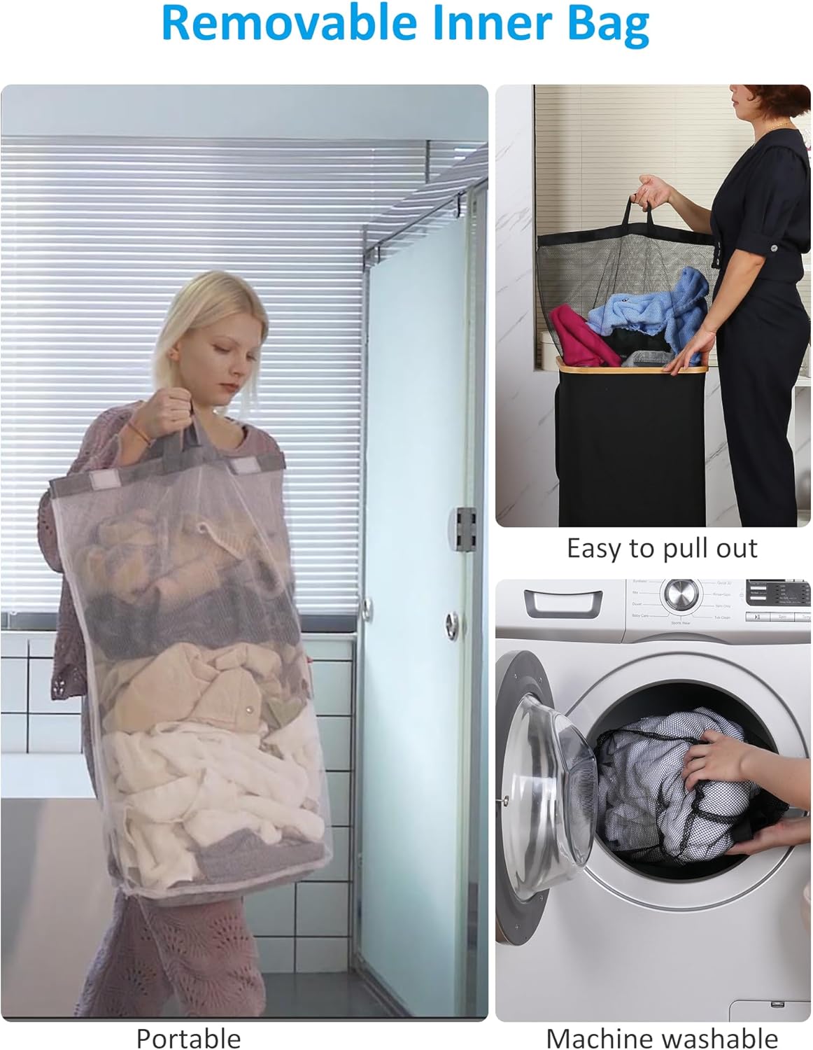 efluky Laundry Basket with Wheels, Tall Rolling Laundry Hamper with Lid and Removable Bag, Aesthetic Dirty Clothes Hamper on Wheels for Laundry Room, Bedroom, Dorm and Bathroom, 100L Black