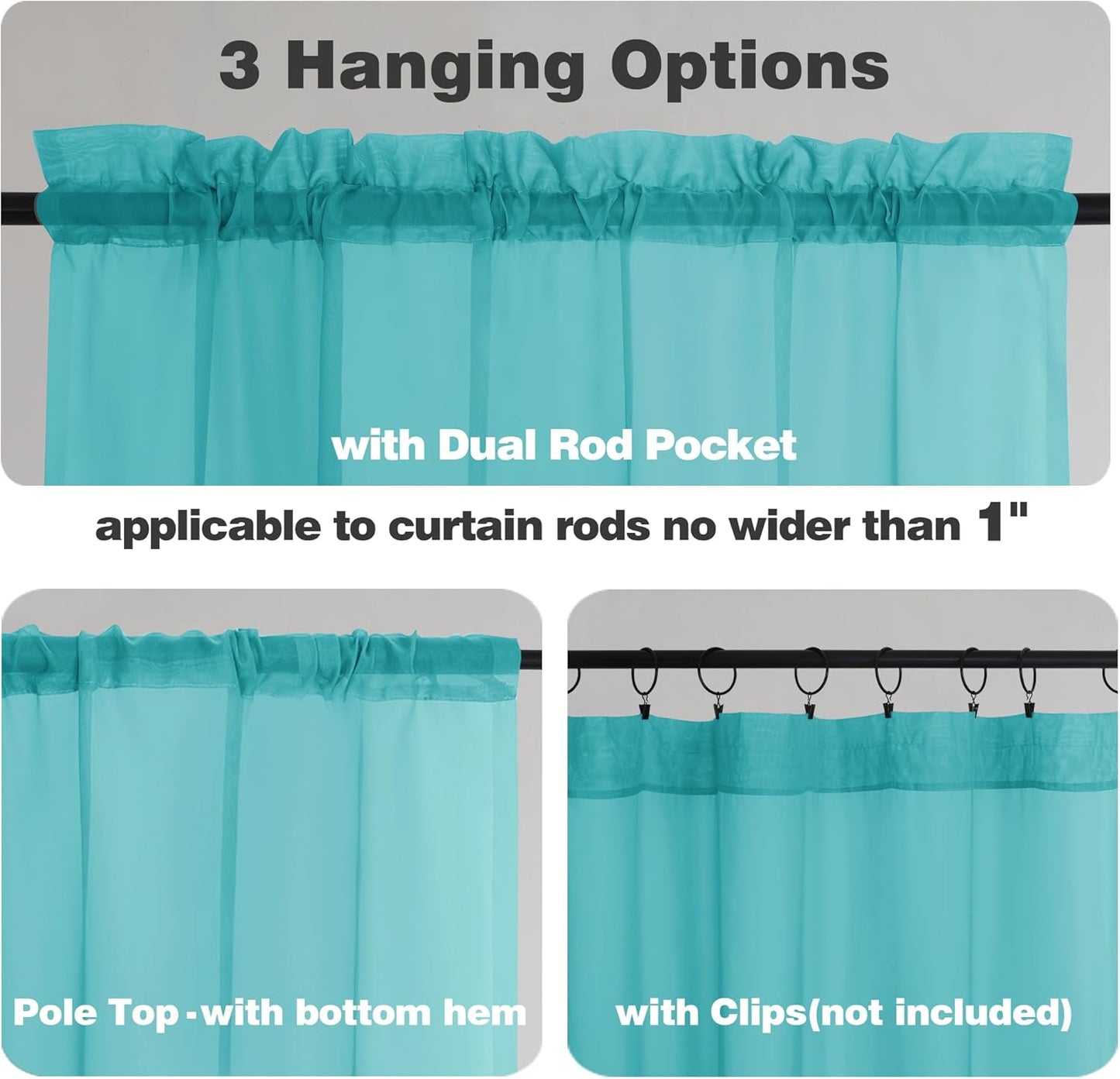 Chyhomenyc Turquoise Sheer Curtains 54 Inch Long 2 Panels, Light Filtering Rod Pocket Voile Short Curtains Drapes for Living Room Bedroom Small Windows, 42Wx45L Inches