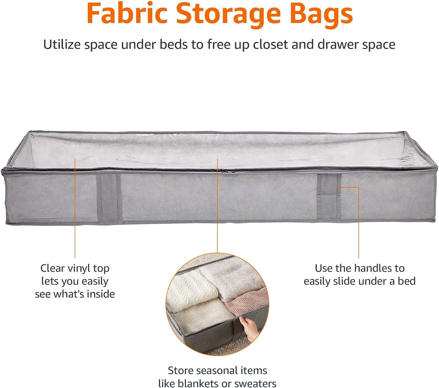 Amazon Basics Under Bed Fabric Zipper Blanket Storage Container Bags with Window and Handles, 2-Pack, 18 x 42 x 6 inches, Gray