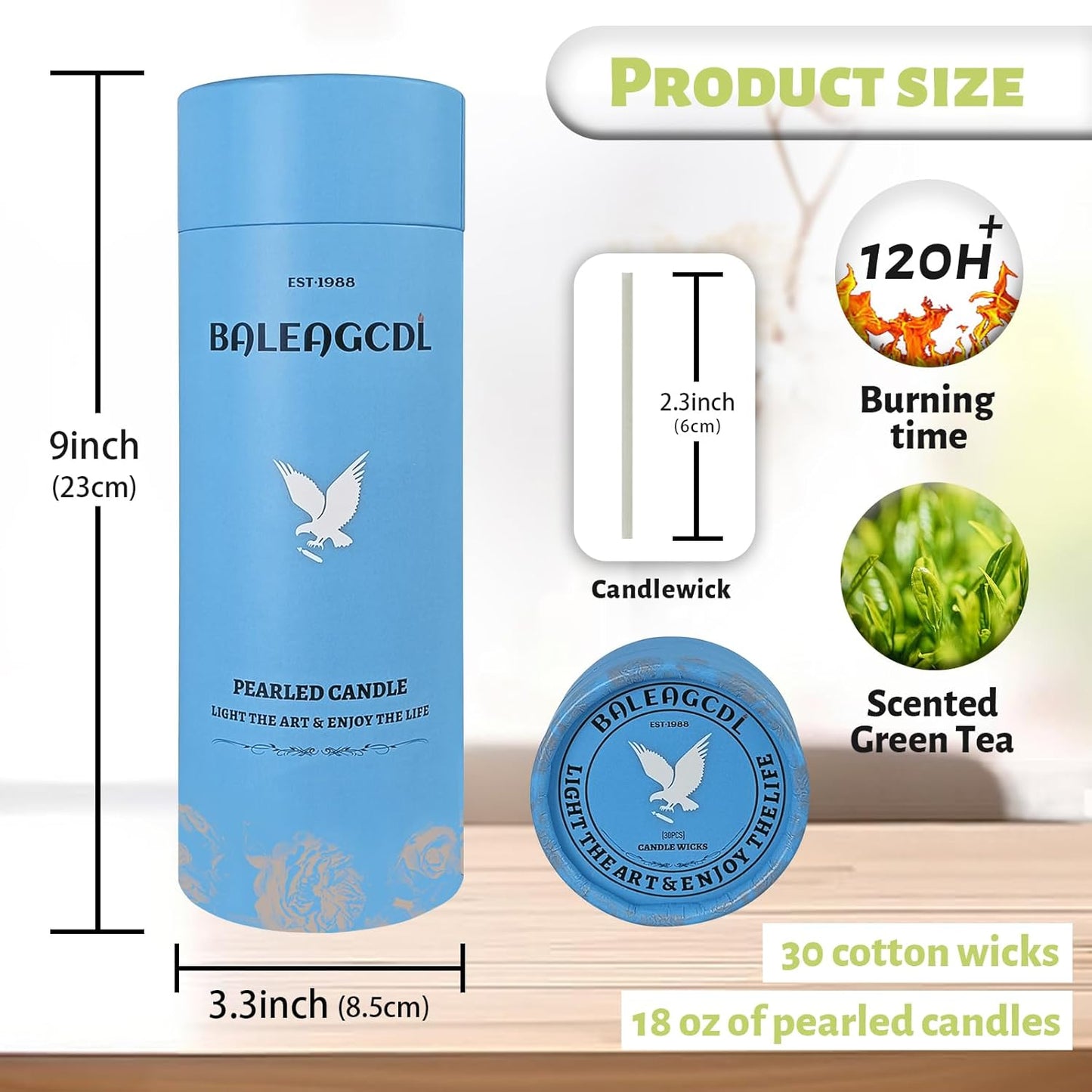 Green Tea Scented Light Green Pearled Candle 18oz Luxury Sand Candle Granulated Wax 30 Cotton Wicks Wax for Candle Making Decorative Candles Smooth and Clean Burning Lasts up to 120 Hours