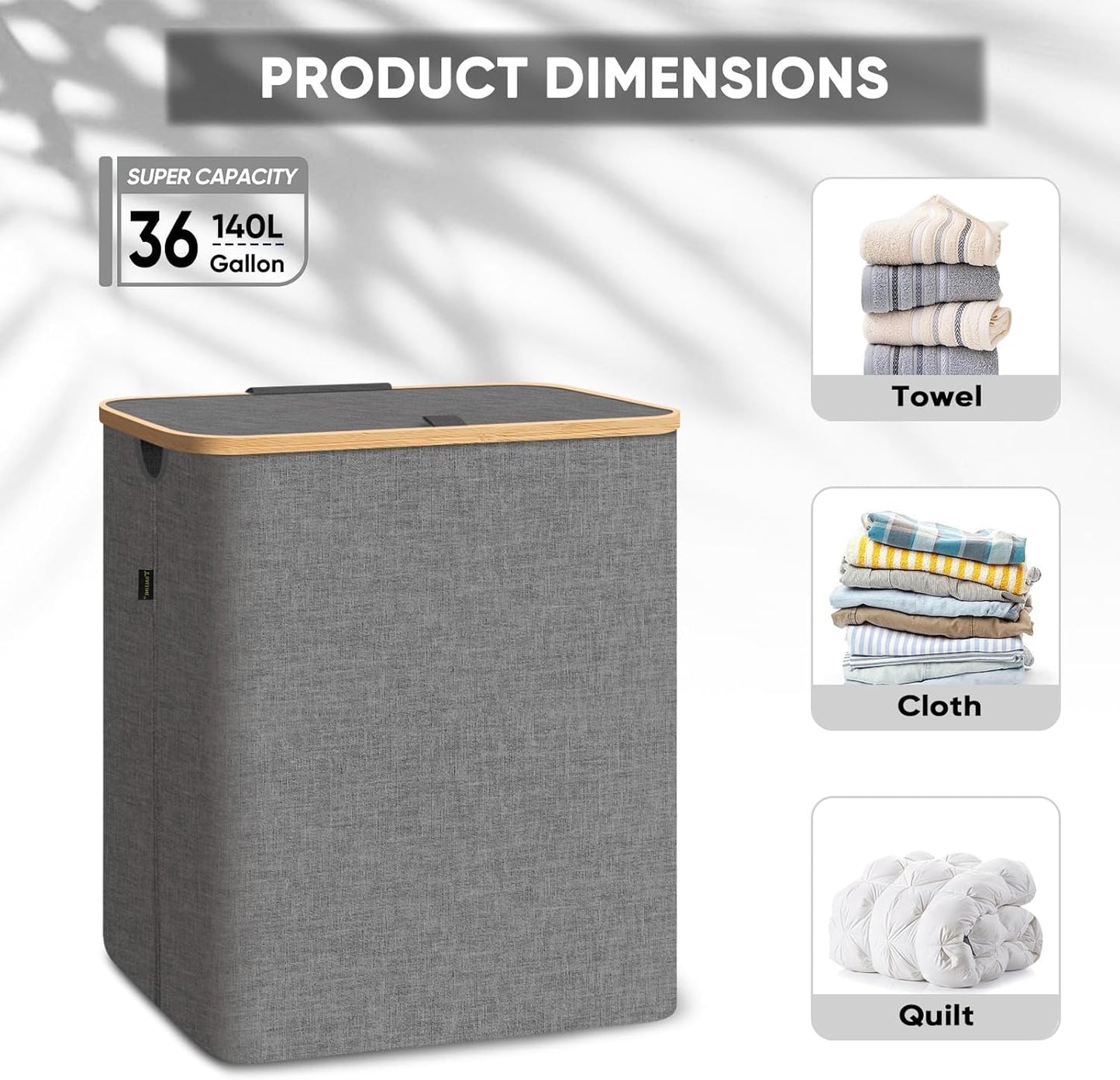 BALEINE Laundry Hamper with Lid, Tall Laundry Baskets with Bamboo Pull Handles, Large Laundry Bin with Internal Support (36 Gal/140L, Grey)