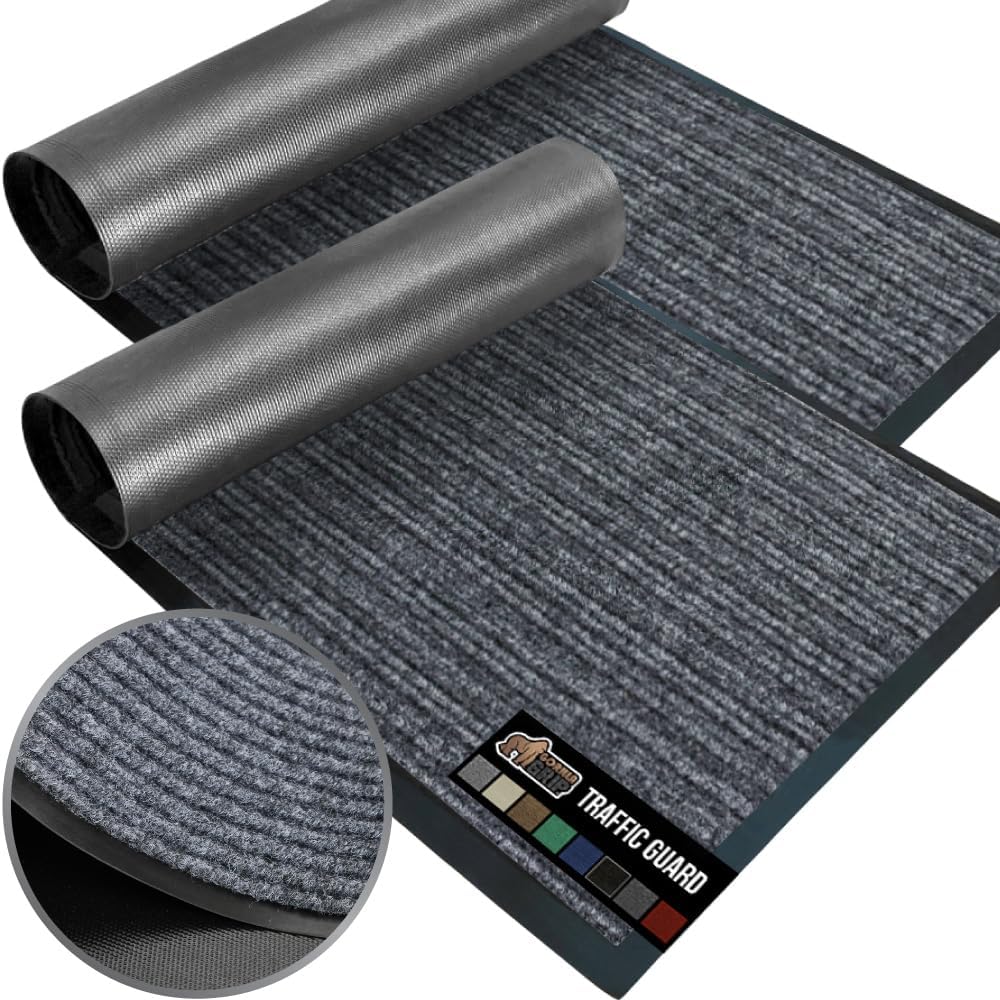 GORILLA GRIP Traffic Guard Door Mat, 2 Pack, Heavy Duty Waterproof Doormat, Commercial Office Space Welcome Mats, Stain and Fade Resistant, Low Profile, Strong Rubber Backing, 35x23, Gray