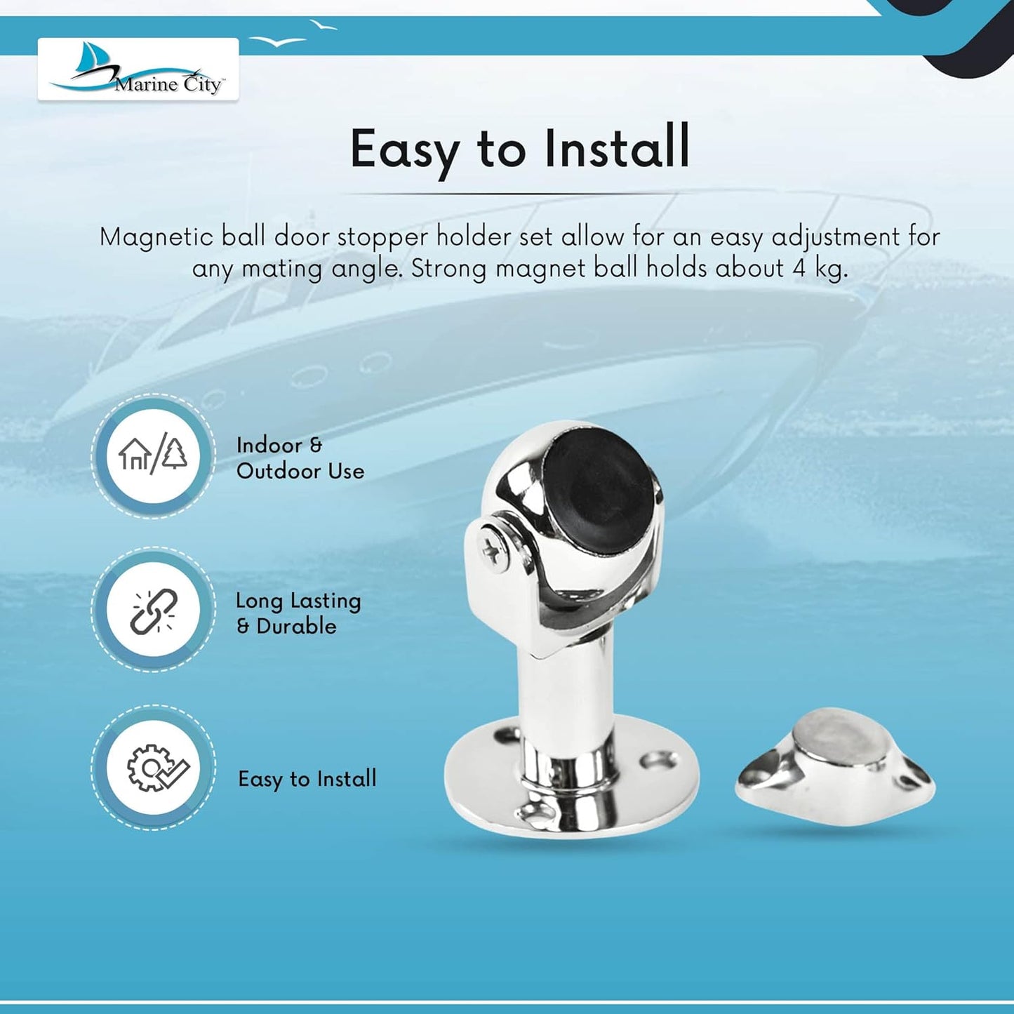 MARINE CITY Magnetic Ball Door Window Stopper Set, 316 Stainless Steel, Corrosion-Resistant, Holds 4kg, Water-Resistant, Extendable 73mm-100mm, Ideal for Boats, Yachts, Ships