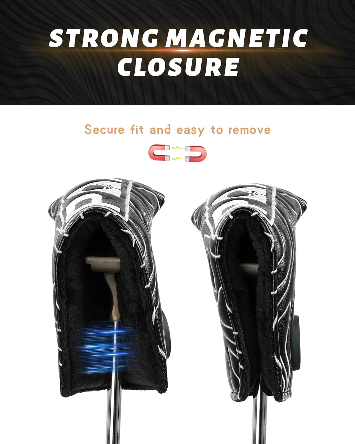 Big Teeth Golf Club Covers Full Set Driver Headcover Fairway Wood Hybrid Golf Club Iron Head Covers, Topographic Edition Putter Cover Leather Golf Head Covers Pure Black, Gifts for Men