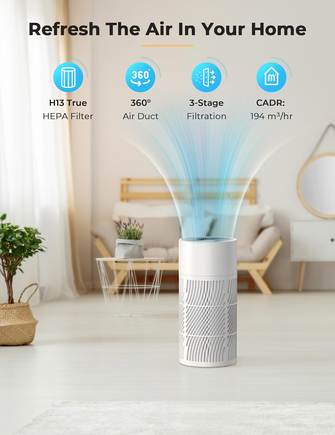 Nuwave Oxypure Air Purifiers 3XL H13 HEPA Filter for Home Bedroom, 17dB, 360° Air Intake, Removal to 0.1 Micron Smoke Dust Pollen Pet Hair Odor, Air Quality Sensor, Energy Star
