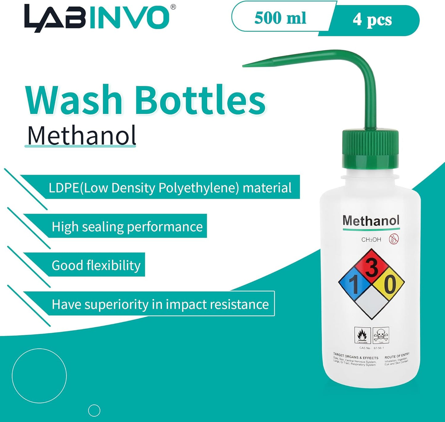 4pcs of Methanol Wash Bottles, Vol.500ml (17oz), Narrow Mouth, Self-Venting Safety Wash Bottles, LDPE Material, IN-WBM500