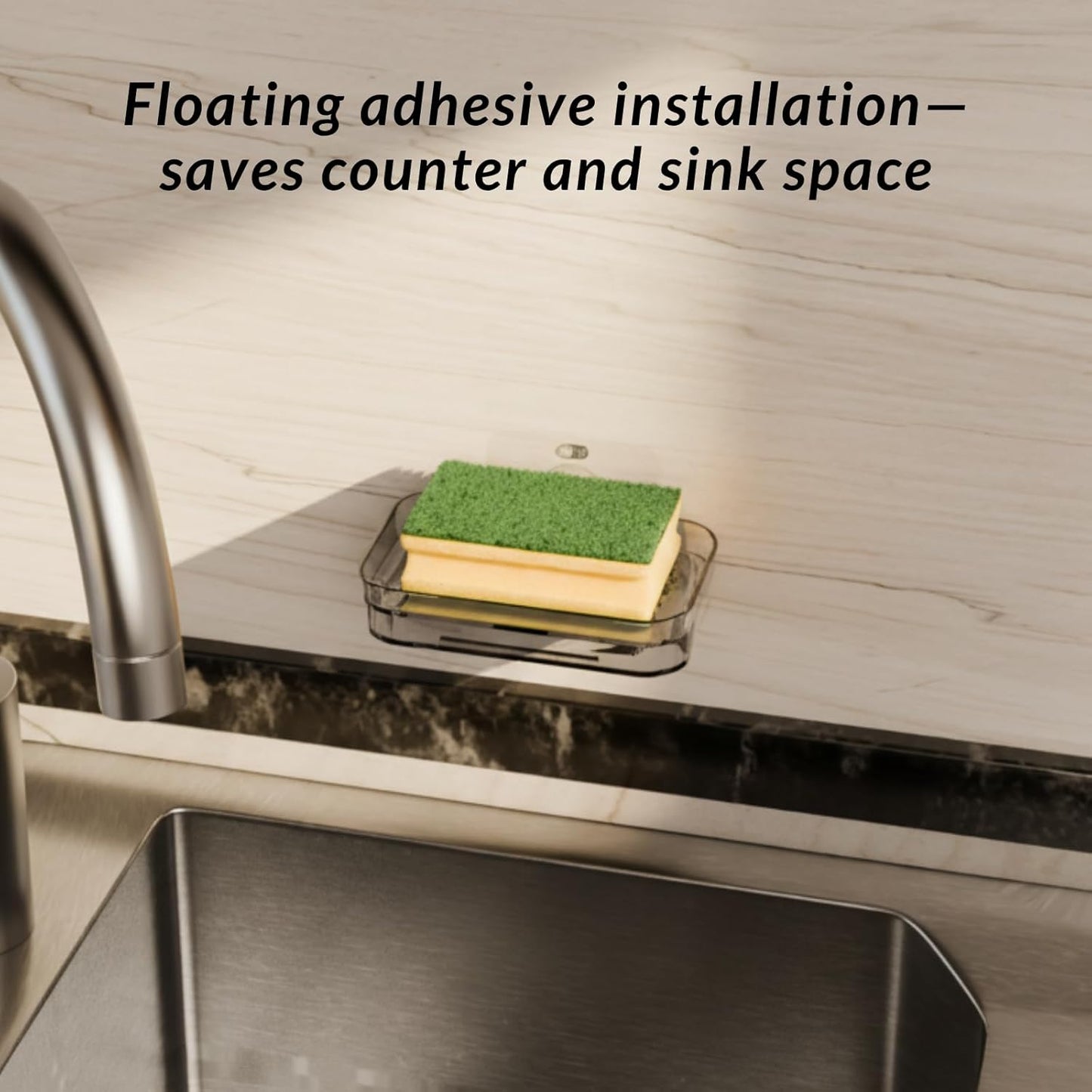 Toro Adhesive Sponge Holder for Kitchen Sink with Drain Tray, Clear PET Wall-Mounted Sponge Caddy