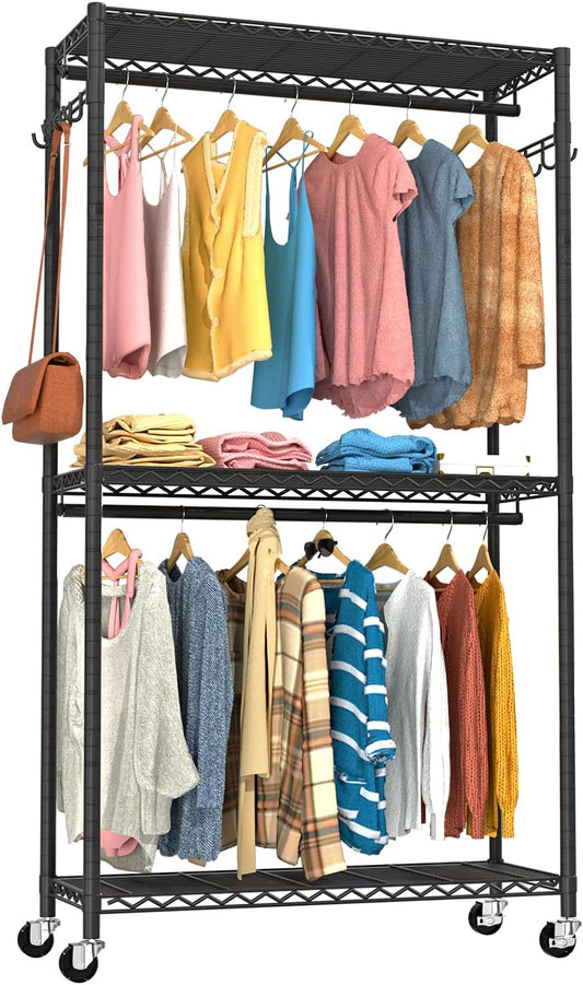 Clothes Rack, Clothing Racks for Hanging Clothes, 3 Tiers Adjustable Garment Rack with Wheels | Double Rods | Side Hooks | Heavy Duty | Load 445lbs | 15.7" D x 35.43" W x 78.34" H | Black