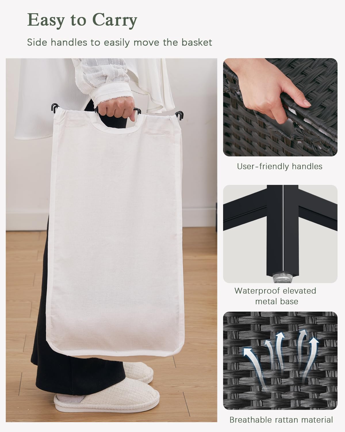 Laundry Hamper with Lid 132 L, (35 Gallons) Clothes Hamper with Lid, Handwoven Rattan Laundry Hamper with Metal Heightened Feet, Laundry Hampers with 3 Removable Liner Bags for Laundry-Black