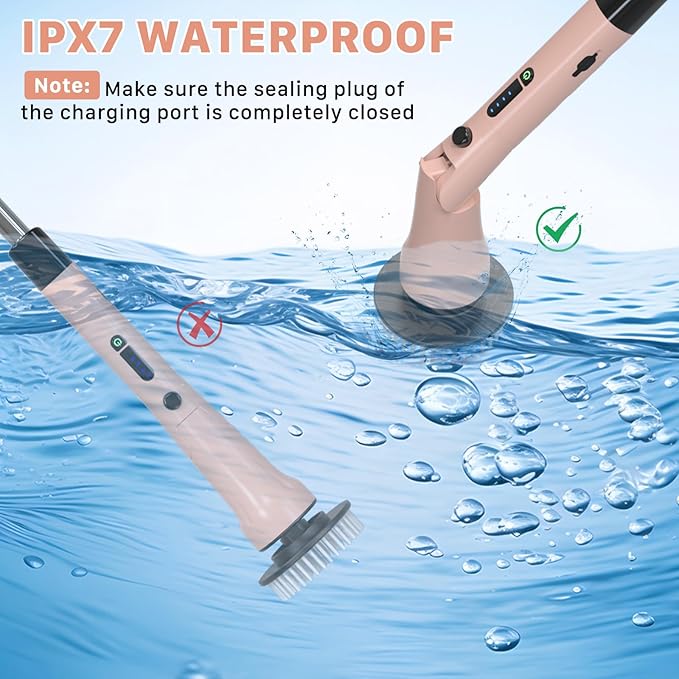 Electric Spin Scrubber, Hillyfe Bath Scrubber for Cleaning with 7 Replaceable Brush Heads, IPX7 Waterproof,300/400 RPM, 3 Adjustable Size,Cordless Shower Cleaner Brush for Bathroom Floor,Pink