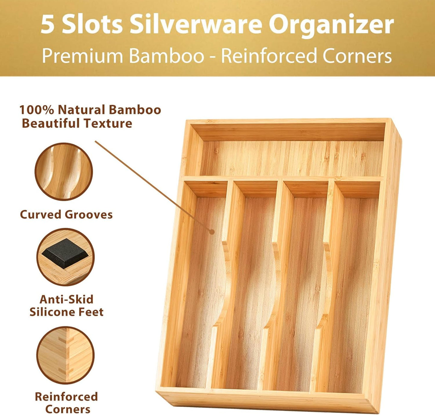 Umilife Bamboo Kitchen Drawer Organizer, 9 Inch Silverware Utensils Tray Holder for Small Drawer, Wood Caddy for Flatware Cutlery Knives