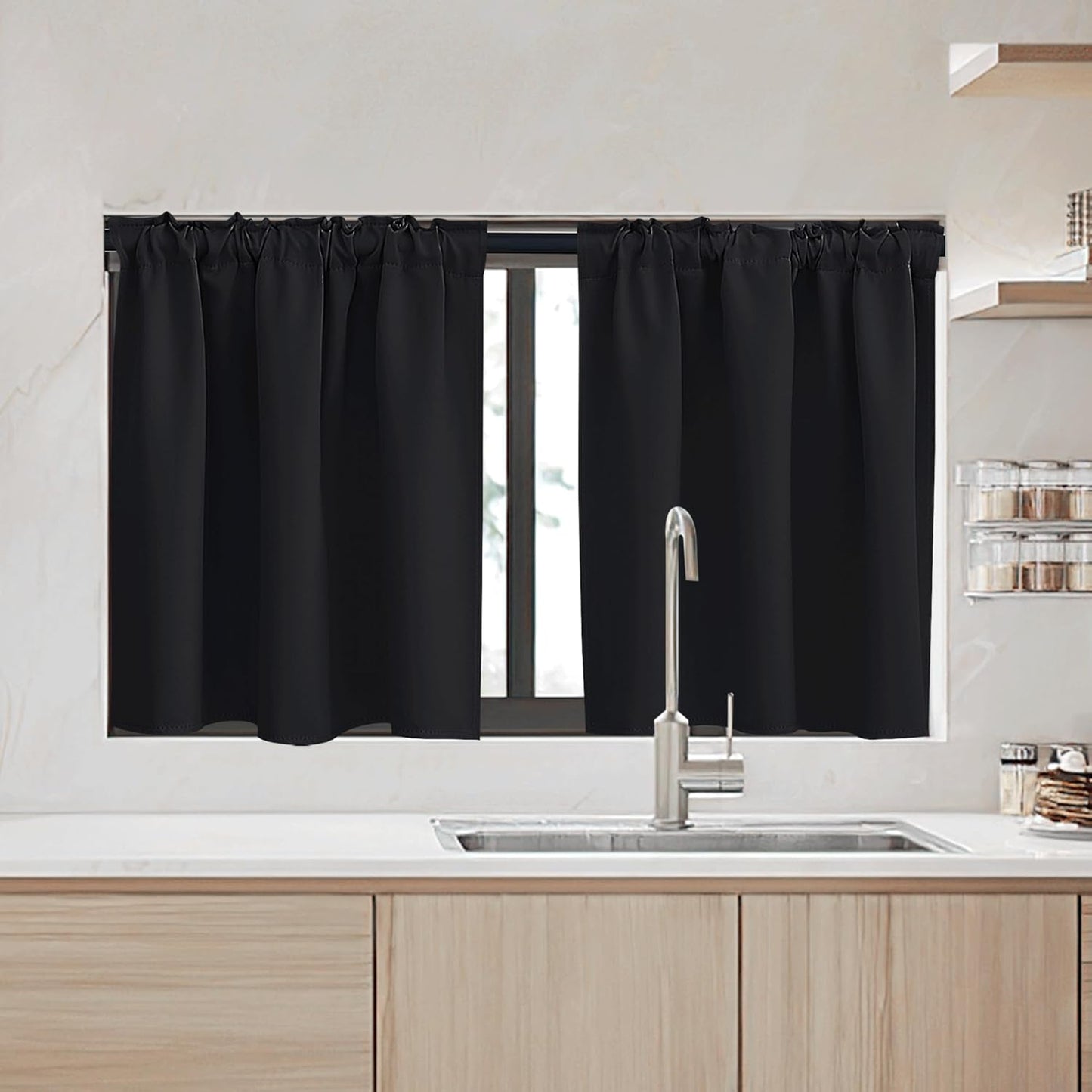 RYB HOME Small Window Curtains - Blackout Insualting Privacy Curtains for Kids Bedroom Kitchen Bathroom Basement Cafe Cabinet Tiers Drapes, 34 Width x 24 Length, 2 Panels, Black