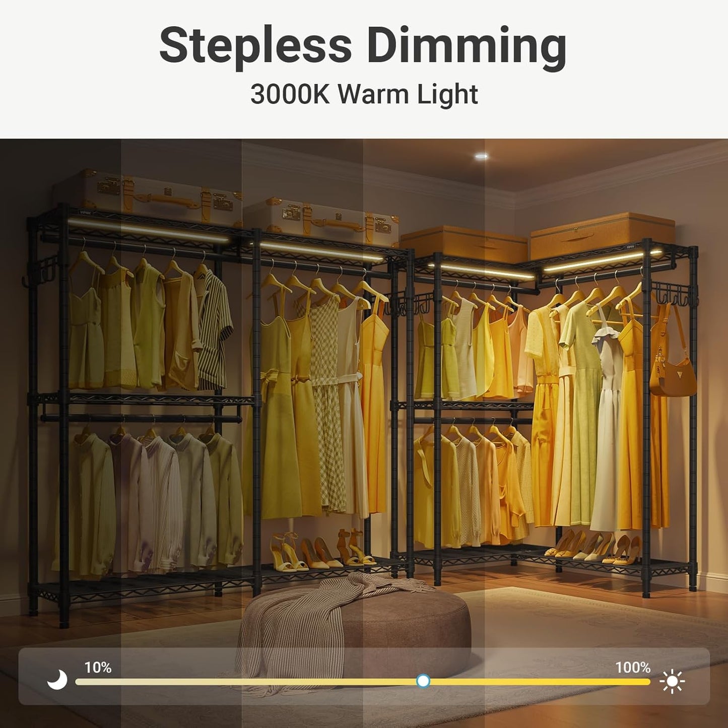 VIPEK L4L Portable Closet with Dimmable LED Lights, L Shaped Clothes Rack for Corner Space-Saving Storage, 3 Hanger rods for Hanging Heavy Duty Coats, Max Load 810LBS, Black