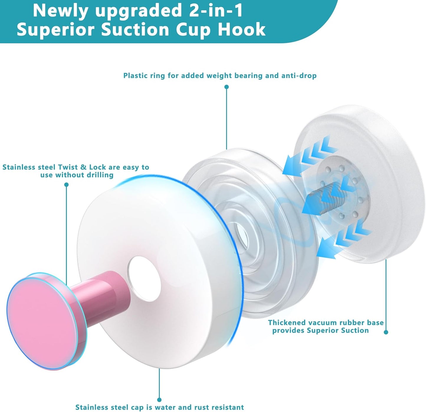 Suction Cup Hooks for Shower,Removable No Drill Towel Hooks,Upgraded 15 lbs Strong Suction hooks for Bathroom Tile,Shower Wall,Glass Door,Kitchen-Loofah,Coat,Stainless Waterproof-White Pink 2 Pcs