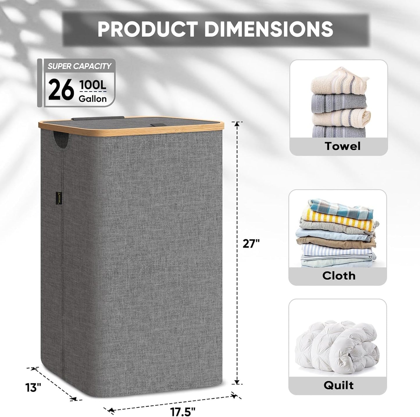 BALEINE Laundry Hamper with Lid, Tall Laundry Baskets with Bamboo Pull Handles, Large Laundry Bin with Internal Support (26 Gal/100L, Beige)