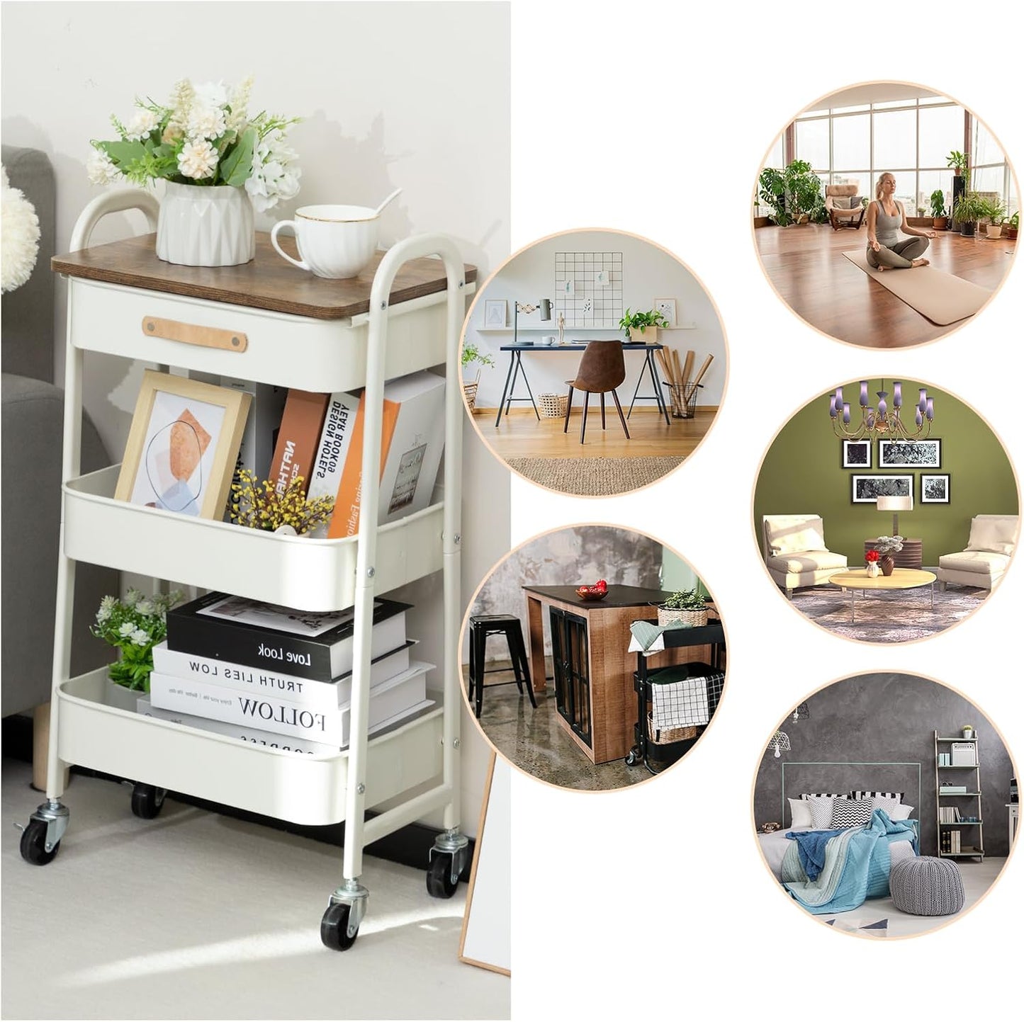 AGTEK Rolling Organizer Cart with Drawer, 3 Tier Movable Metal Utility Cart with Drawer, Mobile Trolley Cart for Home & Office, White